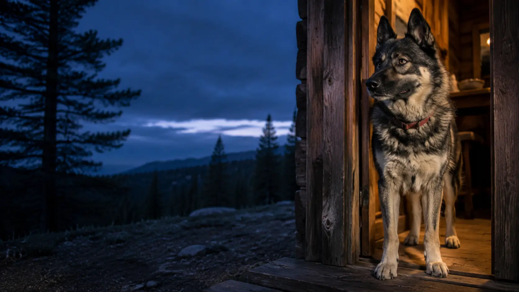 Max standing calmly at the open doorway of a warm cabin at blue dawn