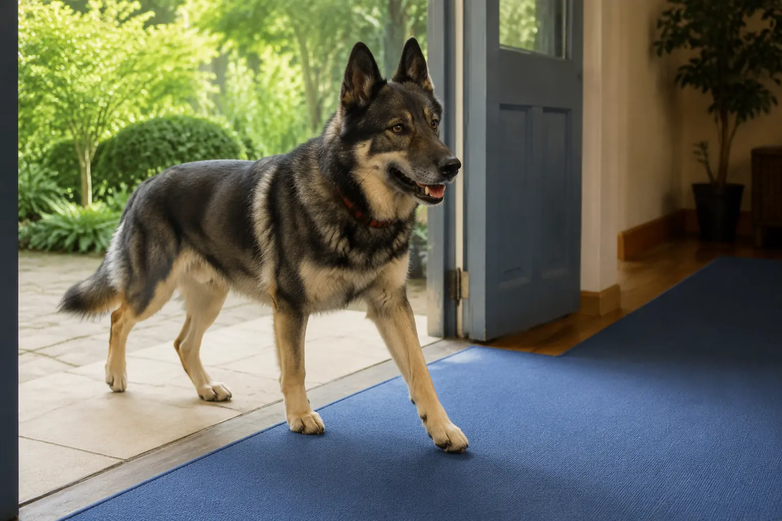 Max voluntarily stepping from the patio onto a blue indoor runner