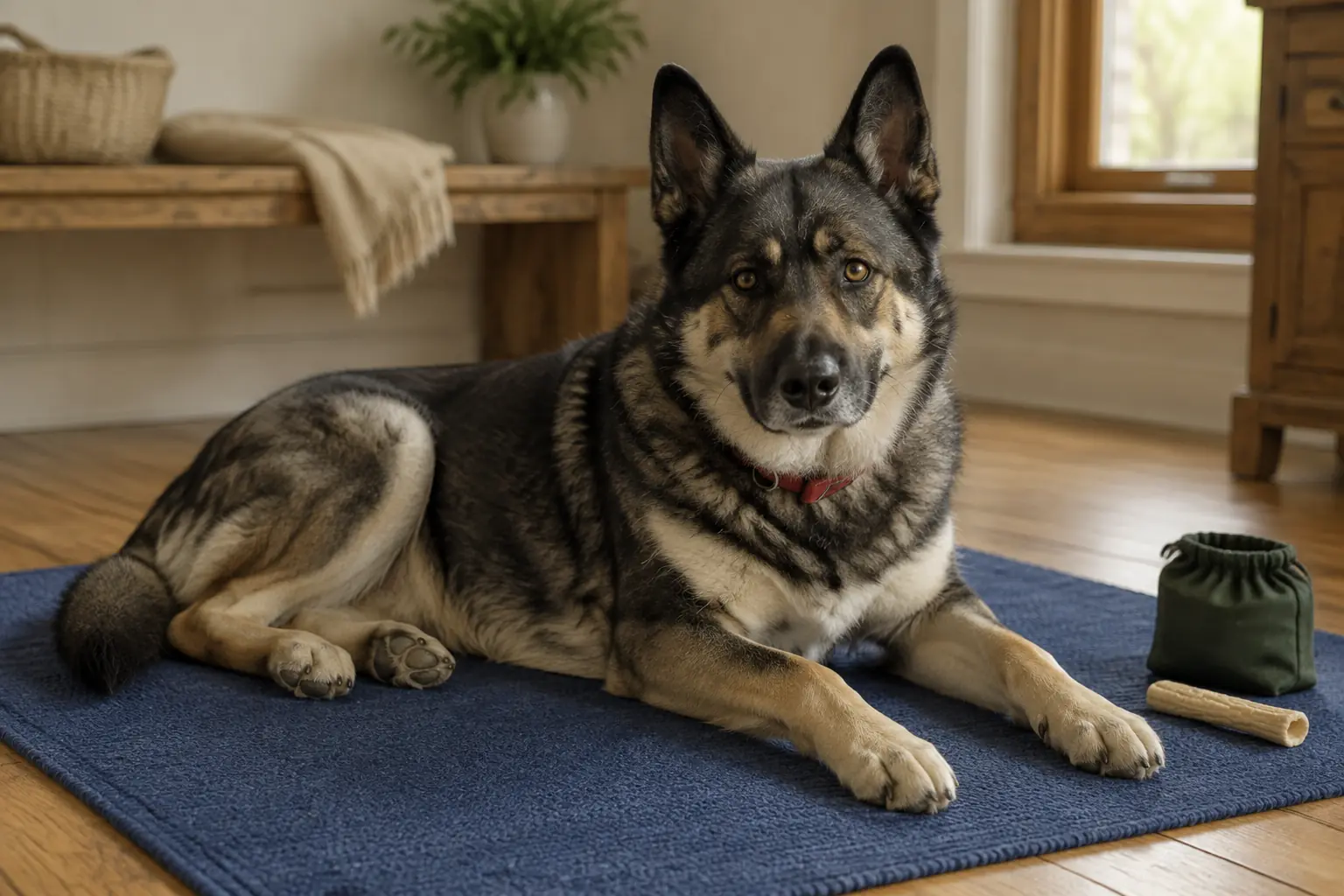 Max resting with a loose body on his blue indoor mat