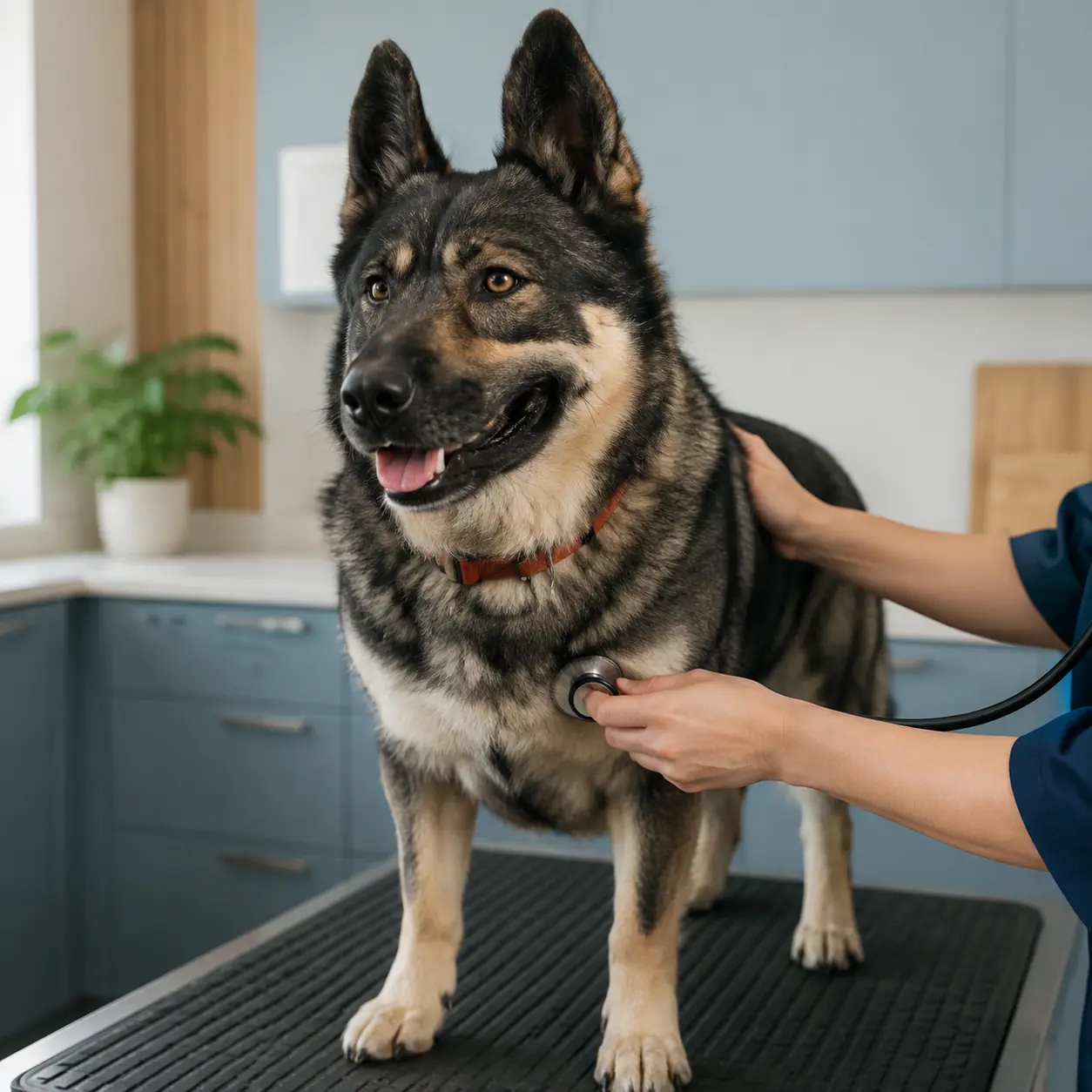 Max receiving a calm senior-dog veterinary check with a stethoscope
